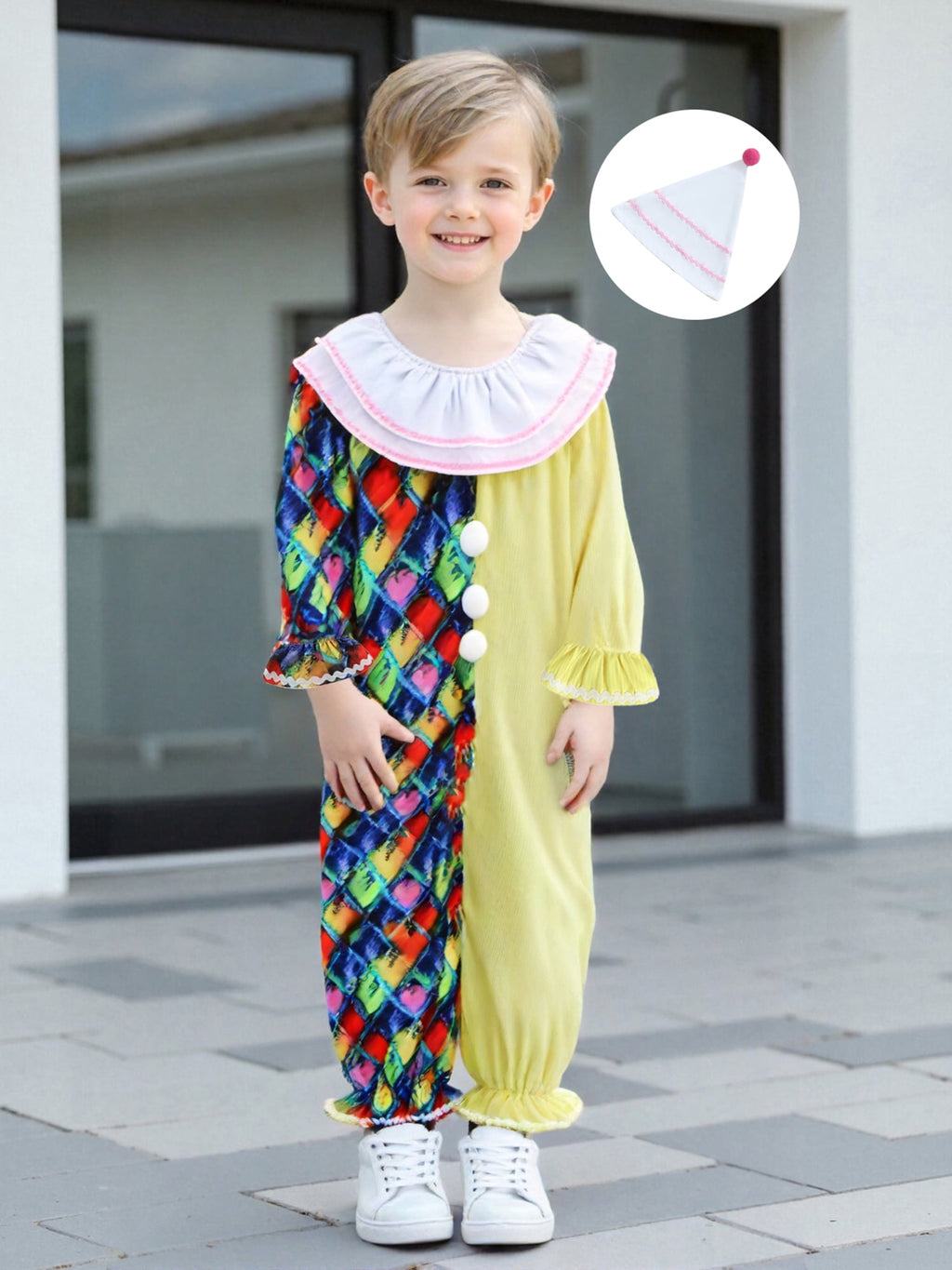 RUINIXCW Kids Toddler Baby Girl Boy Halloween Outfit Clown Costume Infant Baby Girl Boy Romper Birthday Photoshoot Outfit Contrast Color Long Sleeve Jumpsuit Hat
