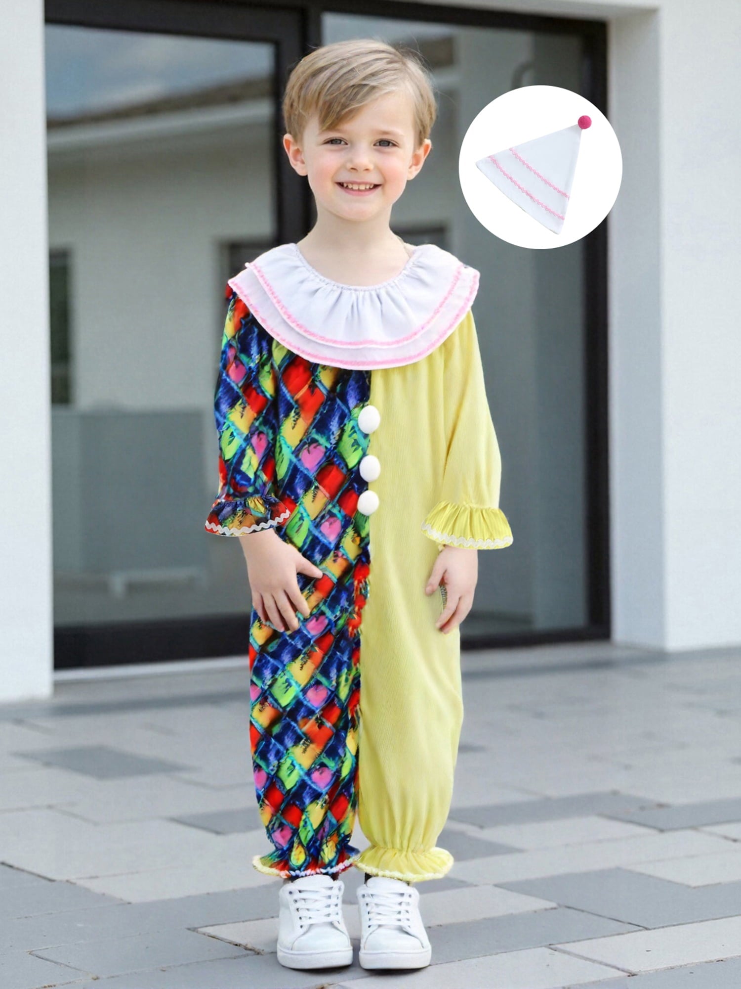 RUINIXCW Kids Toddler Baby Girl Boy Halloween Outfit Clown Costume Infant Baby Girl Boy Romper Birthday Photoshoot Outfit Contrast Color Long Sleeve Jumpsuit Hat
