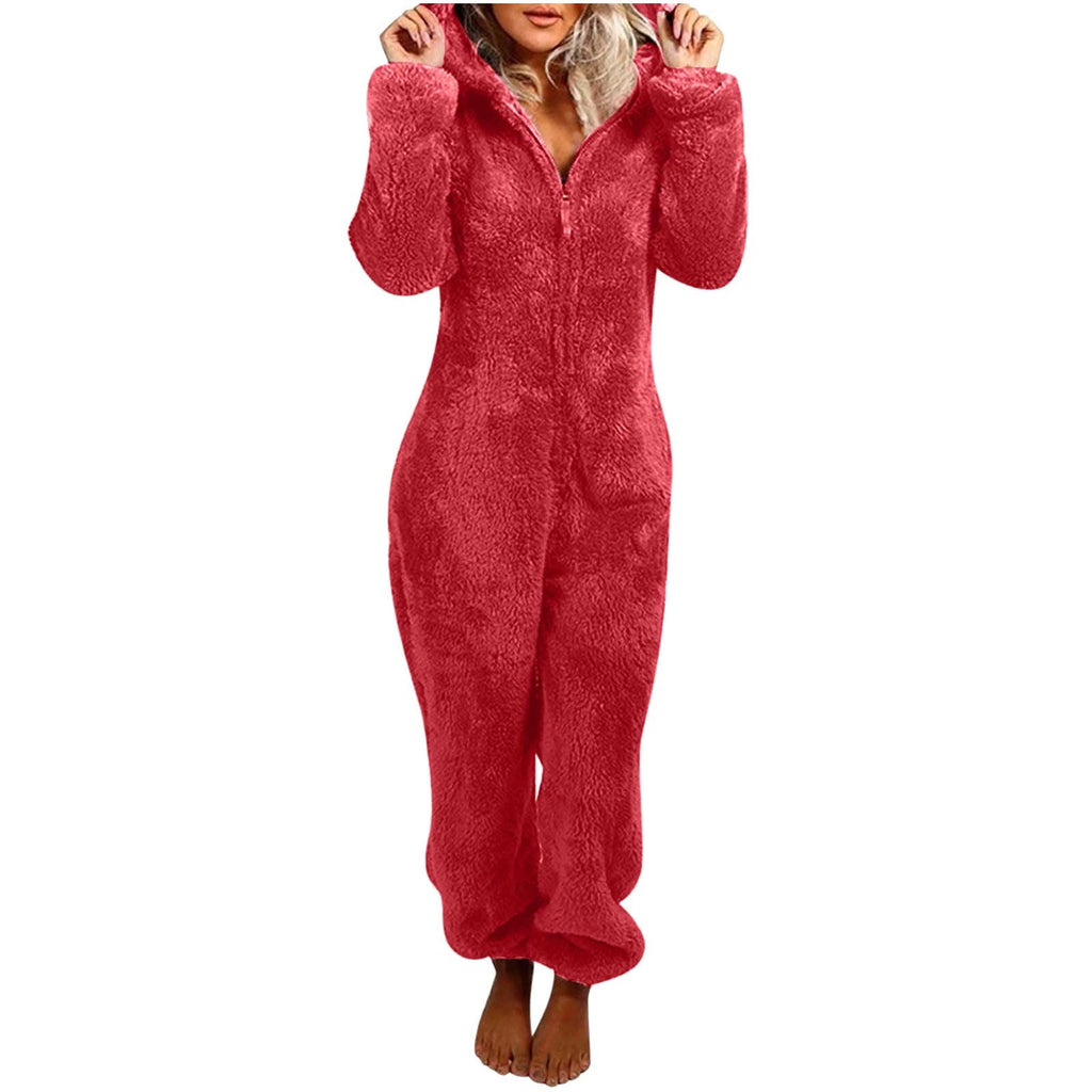 QATAINLAV Sherpa Fleece Jumpsuit for Women Winter Warm Fuzzy Onesie Pajamas Cute Cat Hooded Romper Casual Zip Up Overalls Sleepwear Black XL