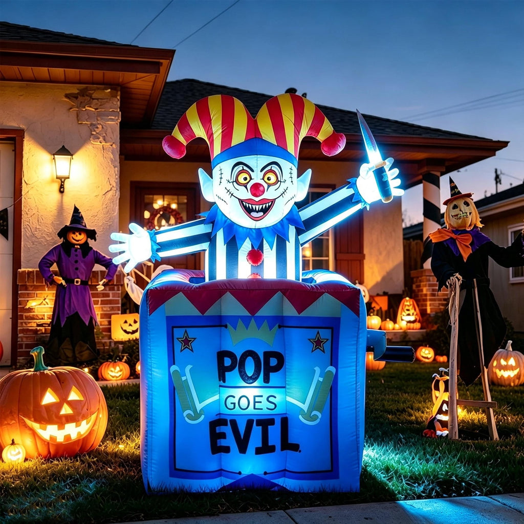 COCOBELA 6.6 FT Pop Up and Down Halloween Clown Inflatable,Carnival Clown in Box Inflatable with Built-in LED Lights, Blow Up Yard Decor for Circus Party Outdoor Lawn Garden