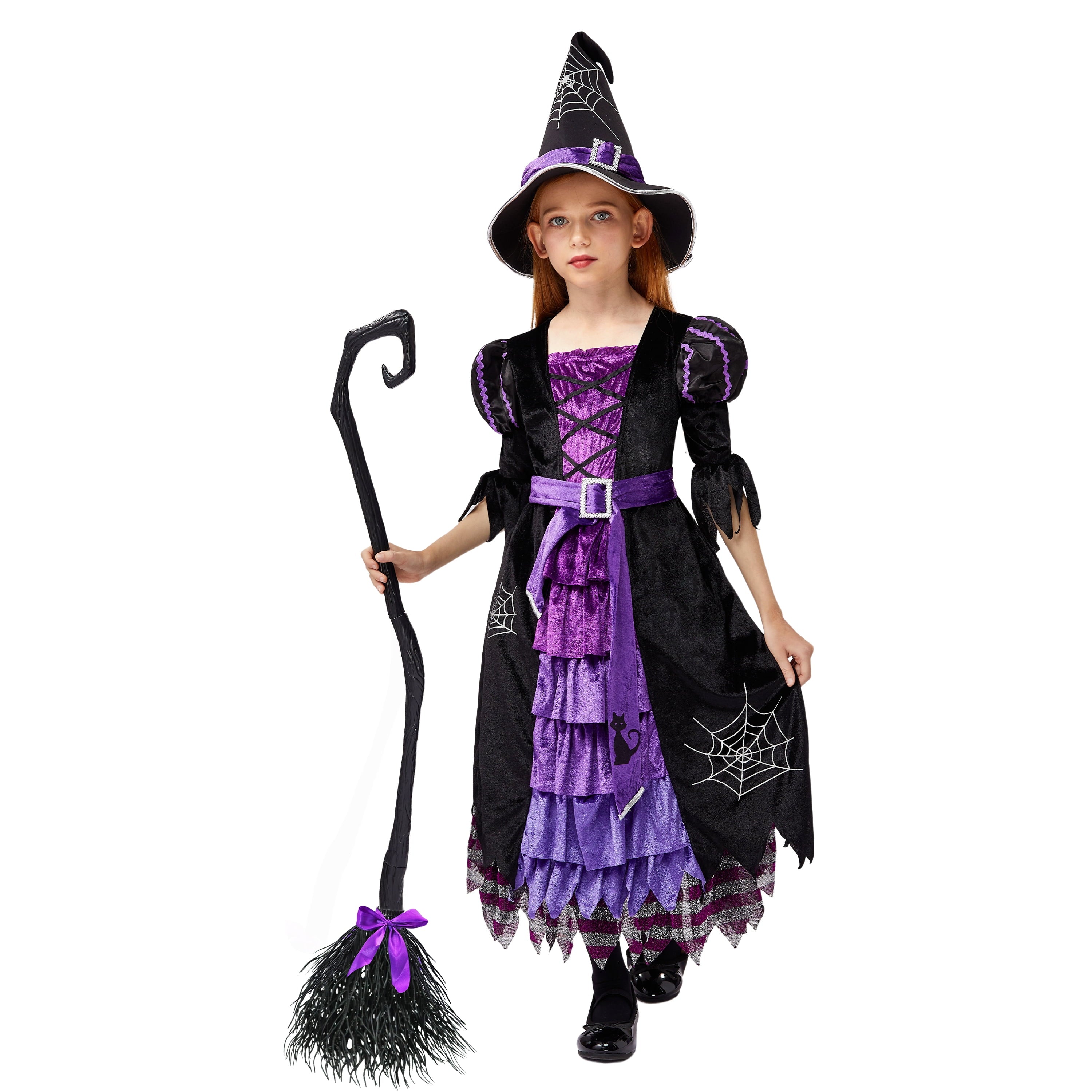 Joyfy Witch Costume Set for Girls, Halloween Fancy-Dress with Broom Hat for Toddler Kids Halloween Party Dress up 3-14 Years