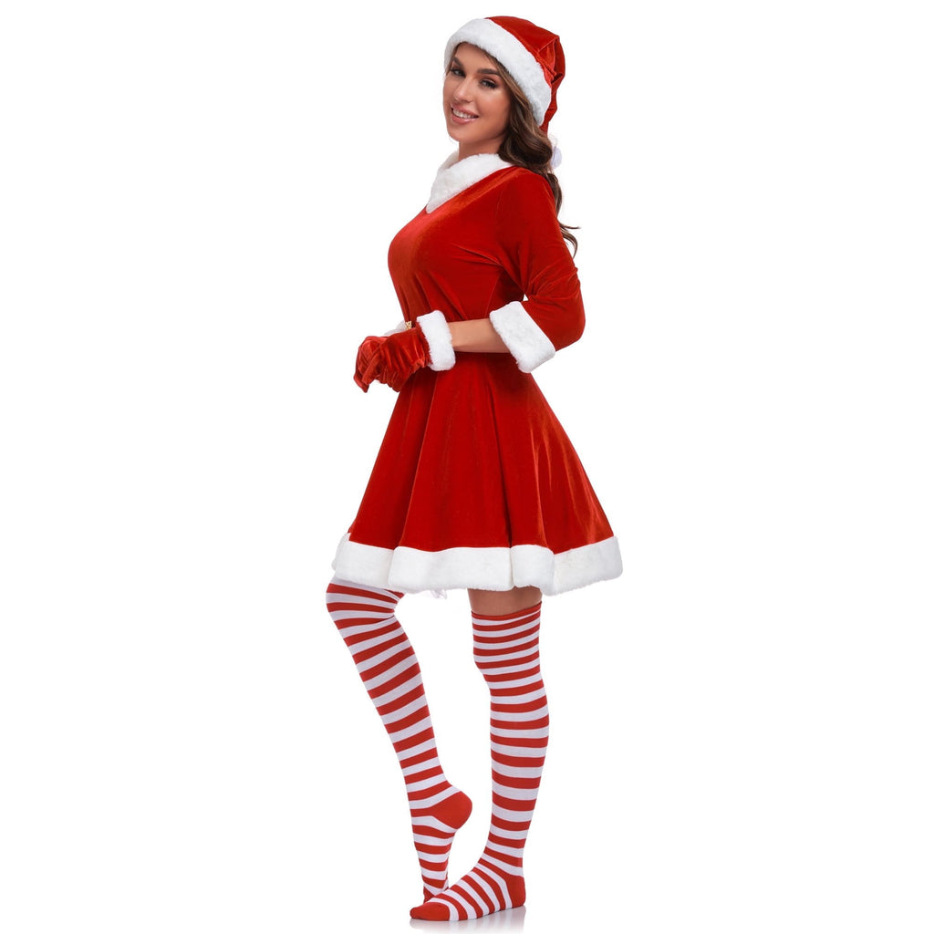 Women Christmas santa Set 5 Piece Sexy Santa Red Dress with Hat Belt Gloves and Socks