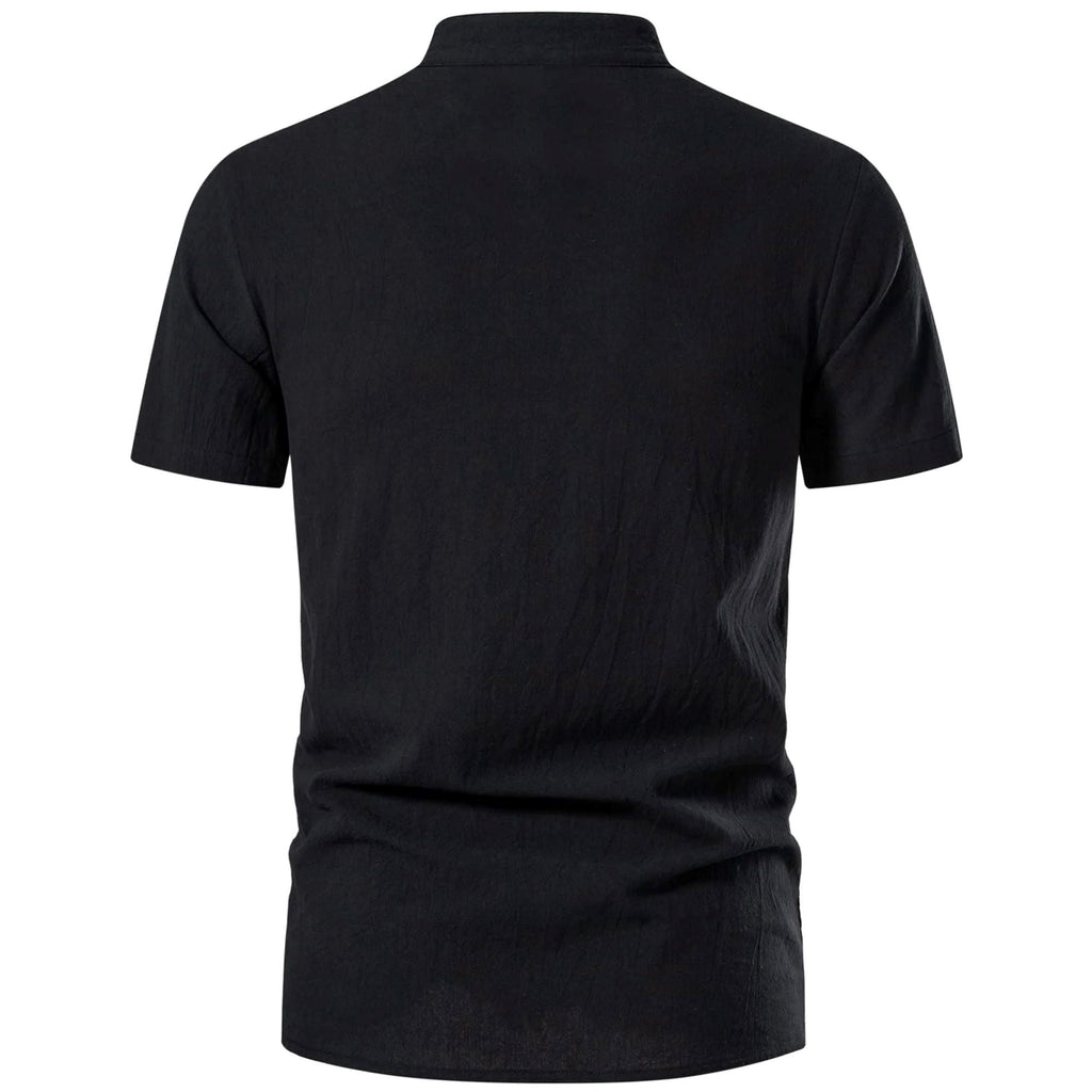 HAOMEILI Men's Cotton Linen Lace-Up V-Neck Short Sleeve Shirt