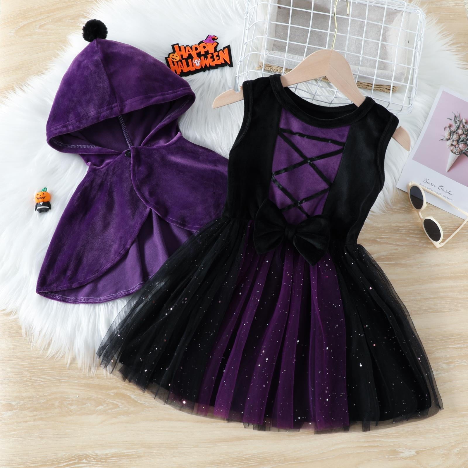 WIBACKER 1-6T Toddler Girls Witch Costume Kids Halloween Party Cosplay Ball Gown Tulle Dress with Plush Hooded Cape Shawl Set