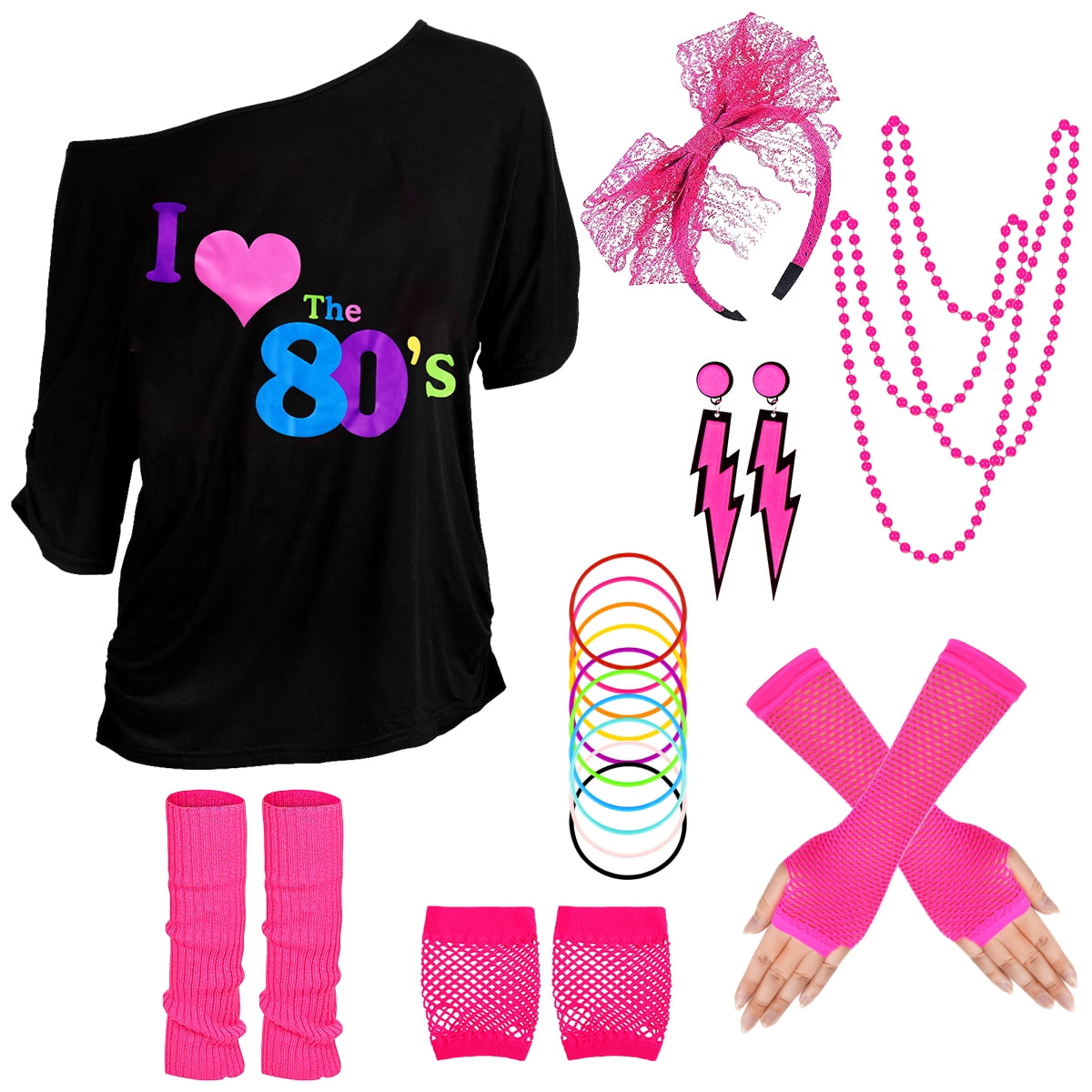 80s Costume for Women,80's Off Shoulder T-Shirt Headband Earring Necklace Fishnet Gloves Legwarmers for Women 80s outfit for 80s Party 22PCS