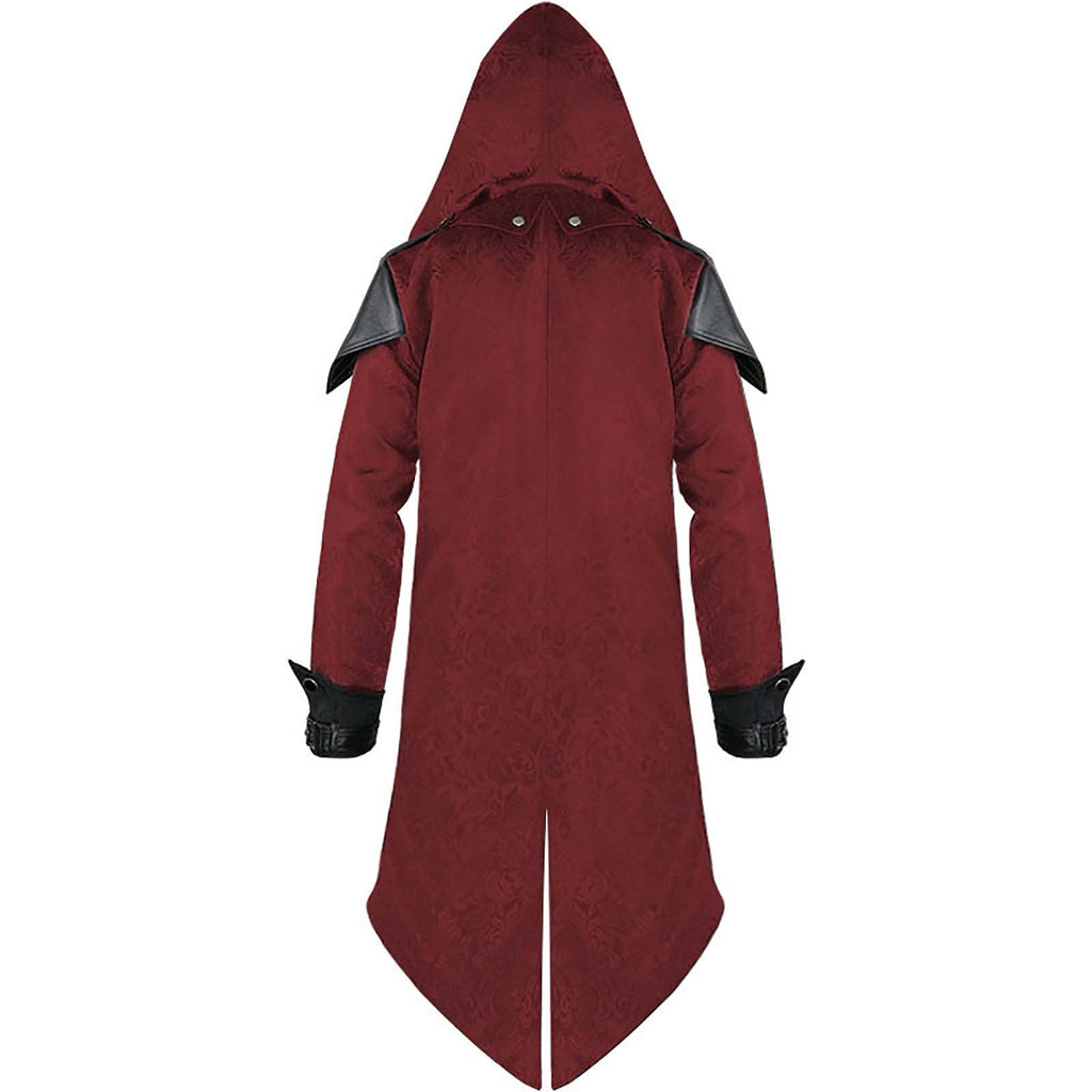 QATAINLAV Men's Medieval Tailcoat Steampunk Vintage Spliced Hooded Trench Long Sleeve Zip Tailcoat Blazer Gothic Halloween Costume Red XXL