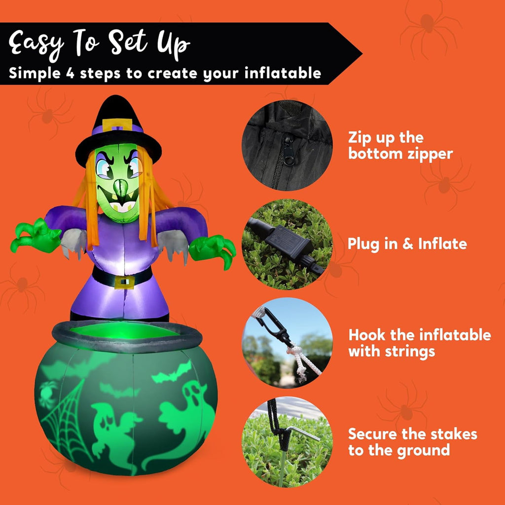 Joyfy 6 ft Halloween Inflatable Witch & Cauldron,Blow Up Decor with Rotating Green Ghost Projection Built-in LEDs,Outdoor Decoration for Party,Yard,Garden