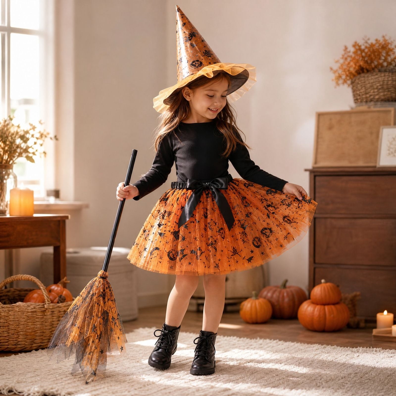 choiix Witch Tutu Skirt and Hat Set with Broomstick Halloween Costume Outfit with Printed Tulle Skirt and Witch Hat Cosplay Outfit for Party 100