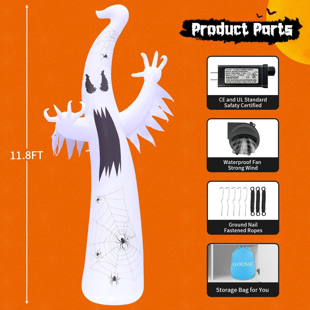 GOOSH Halloween Inflatable 11.8 FT Inflatable Halloween Ghost, Inflatable Halloween Ghost Scary Blow Up Ghost with LED Lights, Outdoor Halloween Decorations Clearance for Halloween/Holiday/Party
