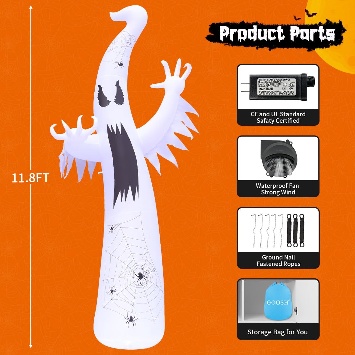 GOOSH Halloween Inflatable 11.8 FT Inflatable Halloween Ghost, Inflatable Halloween Ghost Scary Blow Up Ghost with LED Lights, Outdoor Halloween Decorations Clearance for Halloween/Holiday/Party