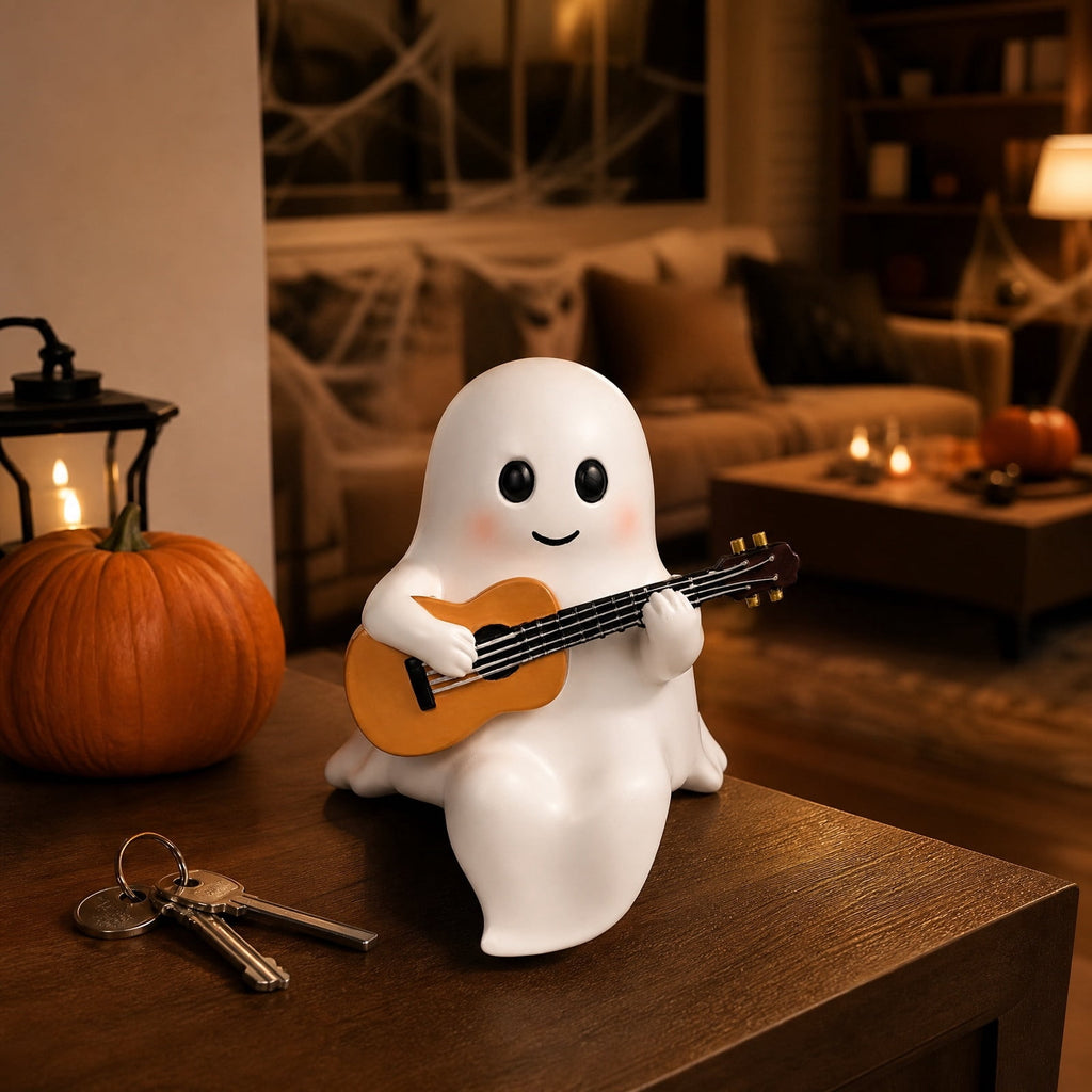 Clearance Ghost Night Light with Guitar USB Powered LED Lamp, Warm White Glow, Resin, Cute Kawaii Figurine, Bedroom Nightlight Gifts
