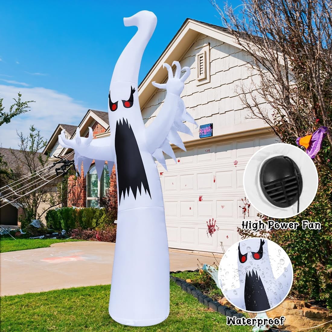 GOOSH 12 FT Height Halloween Inflatable Outdoor Colorful Dimming Ghost, Blow Up Yard Decoration Clearance with LED Lights Built-in for Holiday/Party/Yard/Garden