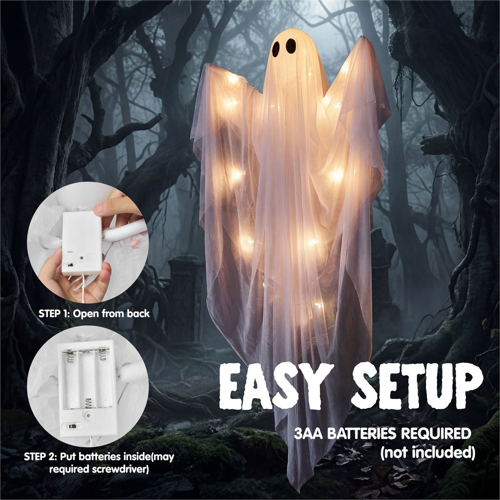 Joyfy 47" Halloween Hanging Light up Ghost Decorations Outdoor,White Ghosts with Blue LED Light and Timer Halloween Hanging Decoration Waterproof for Front Yard Patio Lawn