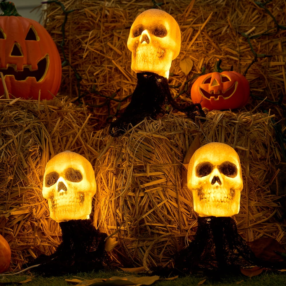 Joyfy 3 Pack Halloween Light up Skeleton Decorations Outdoor,Halloween Graveyard Spooky Skull Stakes Pathway Lights for Halloween Props Yard Decor