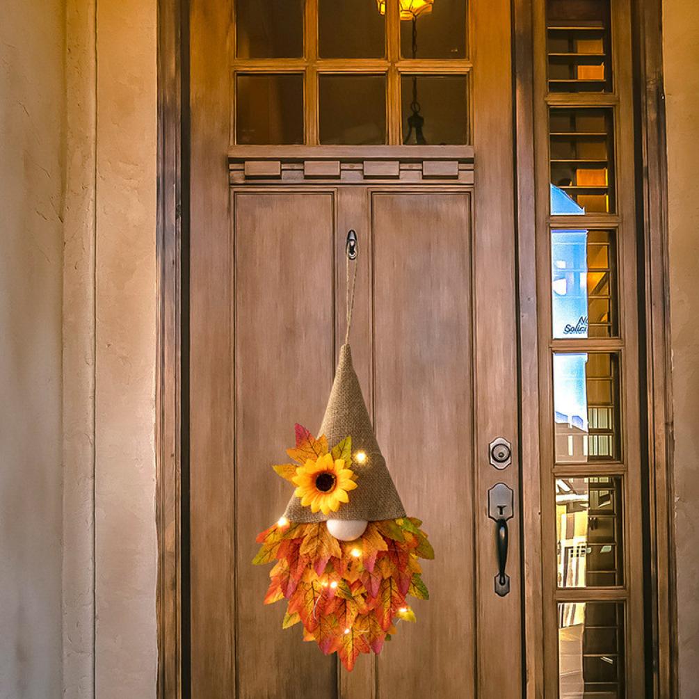 Fall Maple Leaf Gnome Wreaths for Front Door with Lights, 14.6'' Autumn Door Wreath Gnome, Maple Leaf Fall Decorations Wreath, Fall Wreath for Halloween Decorations, Thanksgiving, Harvest Festival