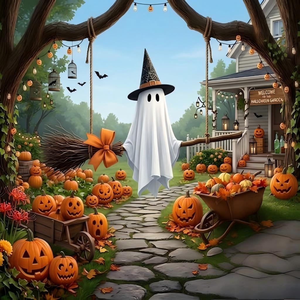 5 FT DIY Hanging Swing Ghost Halloween Decor, Light-Up Flying Ghost on Broomstick with Witch Hat, Spooky Cute Outdoor Halloween Decorations for Front Porch Yard Tree (Remote-controlled light-up )