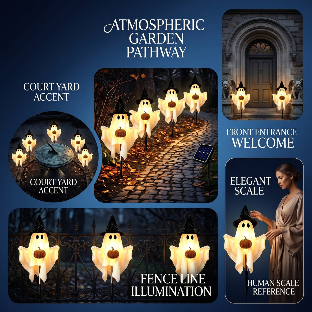 1-Pack Halloween Solar Lights with 8 Lighting Modes - Light Up Ghost Decorations for Outdoor, Witch Hat With Dimensional Pumpkin Halloween Ghost Path Lights
