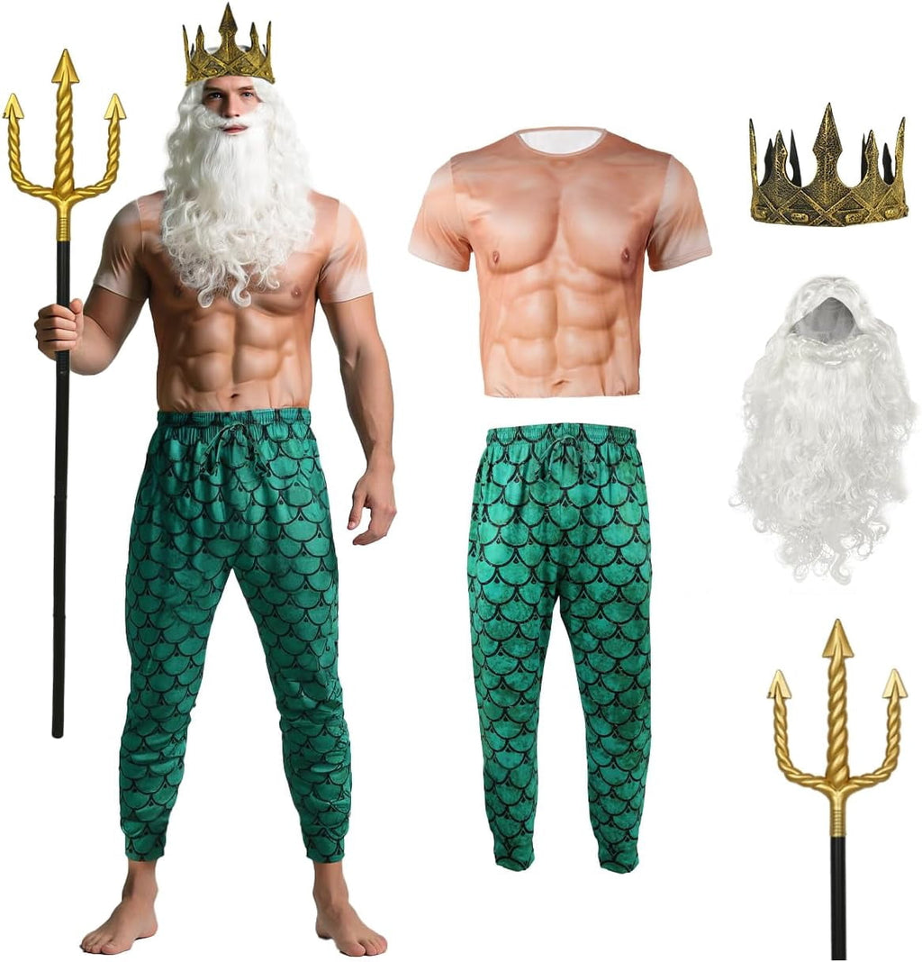 5 Pcs Halloween Poseidon Costumes Cosplay God of The Sea Mermaid Pants Muscle Shirt Trident Scepter Wig Beard and King Crown