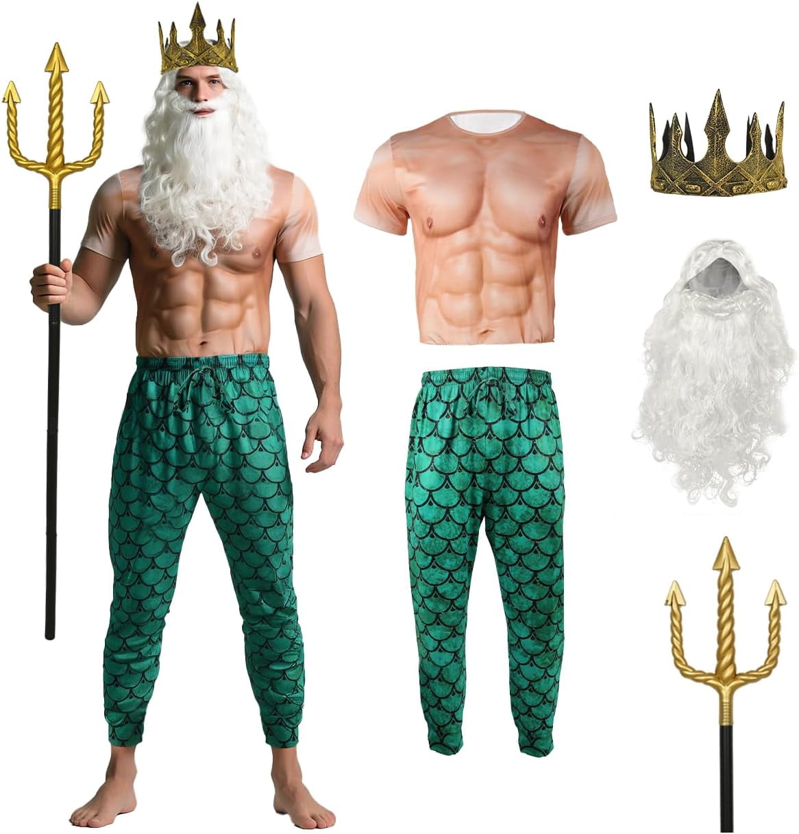 5 Pcs Halloween Poseidon Costumes Cosplay God of The Sea Mermaid Pants Muscle Shirt Trident Scepter Wig Beard and King Crown