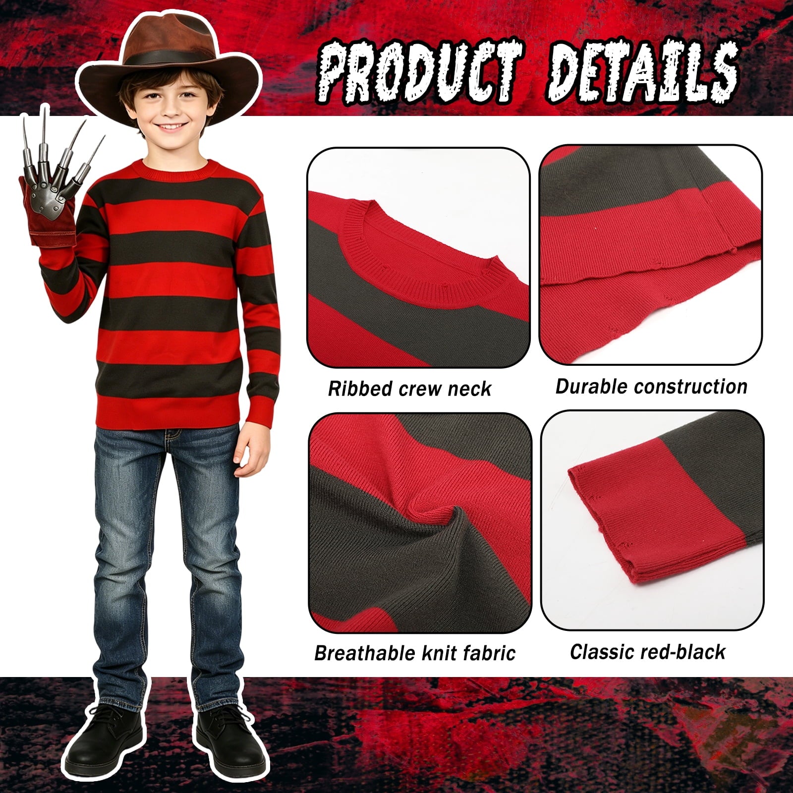 BUXULYP Halloween Killer Costume Kids Red Striped Sweater Hat Glove Claws Cosplay Outfits for Boys Girls Toddler Youth
