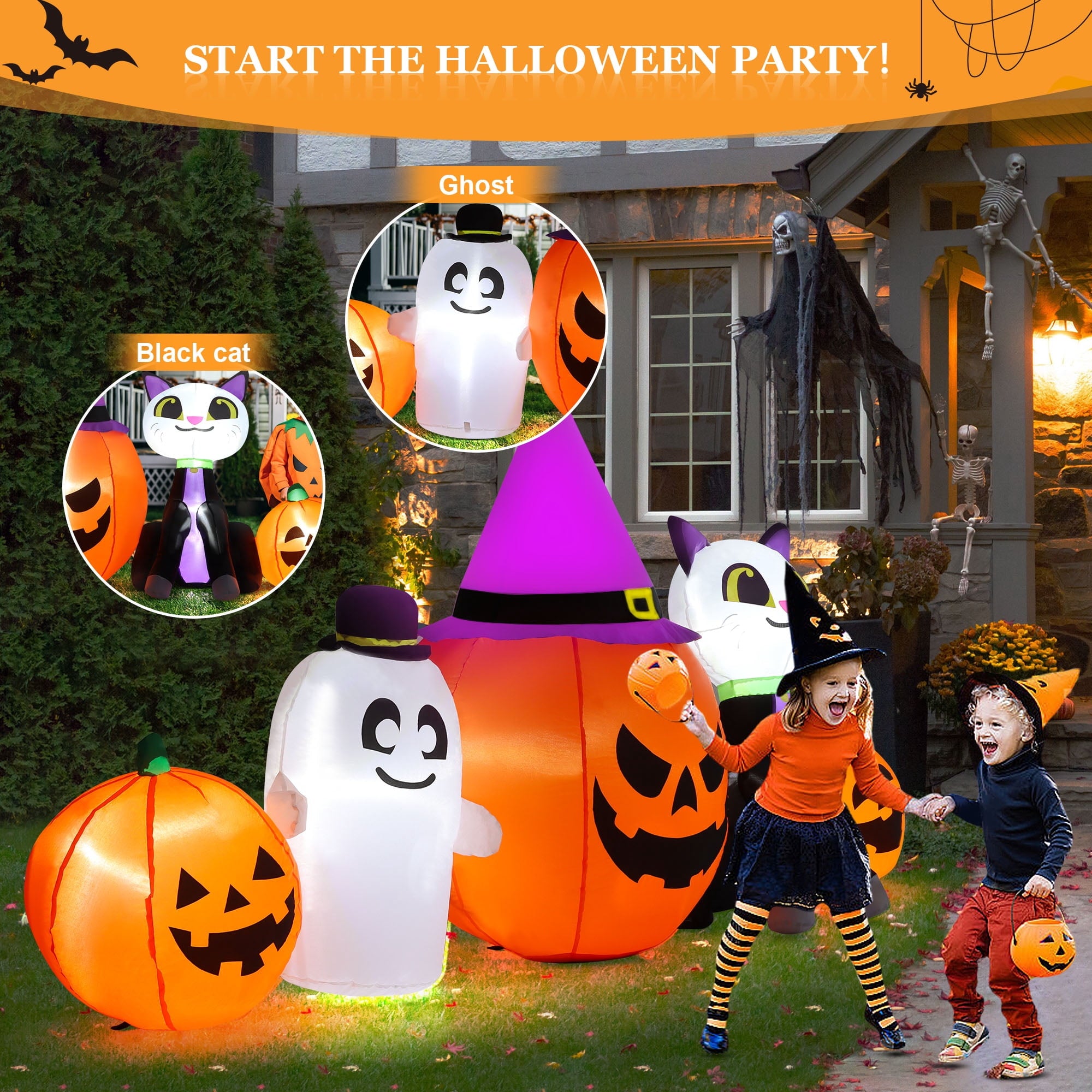 Yexmas 8ft Halloween Inflatable Pumpkins Outdoor Decor with Black Cat and Spectre,Built-in LED Lights,for Halloween Party,Yard,Garden,Lawn