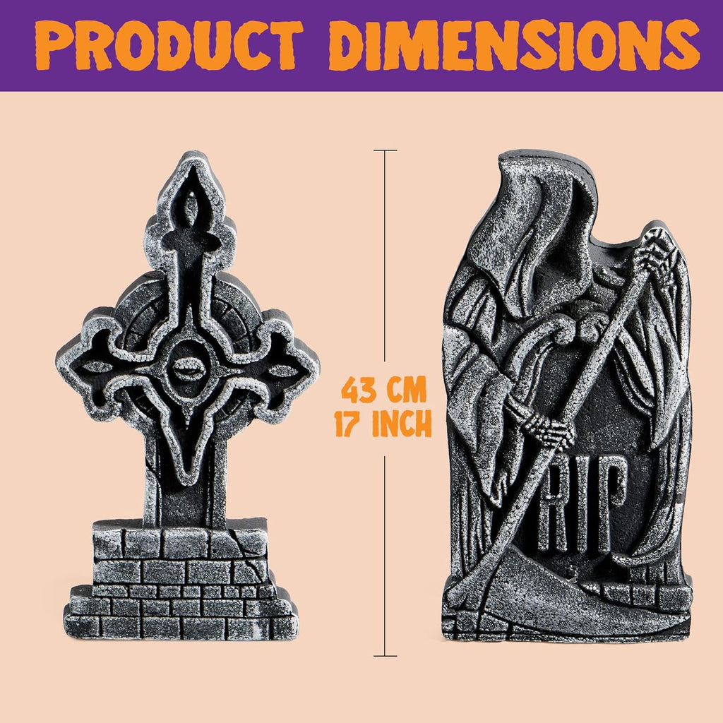 Joyfy 17" Halloween 5 Pack Tombstone Decorations, Foam RIP Graveyard Signs Cemetery Headstones Scary Outdoor Indoor Halloween Decor with 12 Metal Stakes for Easy Set Up, Waterproof for Garden Lawn