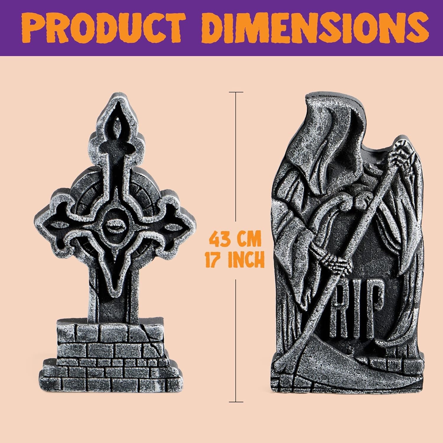 Joyfy 17" Halloween 5 Pack Tombstone Decorations, Foam RIP Graveyard Signs Cemetery Headstones Scary Outdoor Indoor Halloween Decor with 12 Metal Stakes for Easy Set Up, Waterproof for Garden Lawn