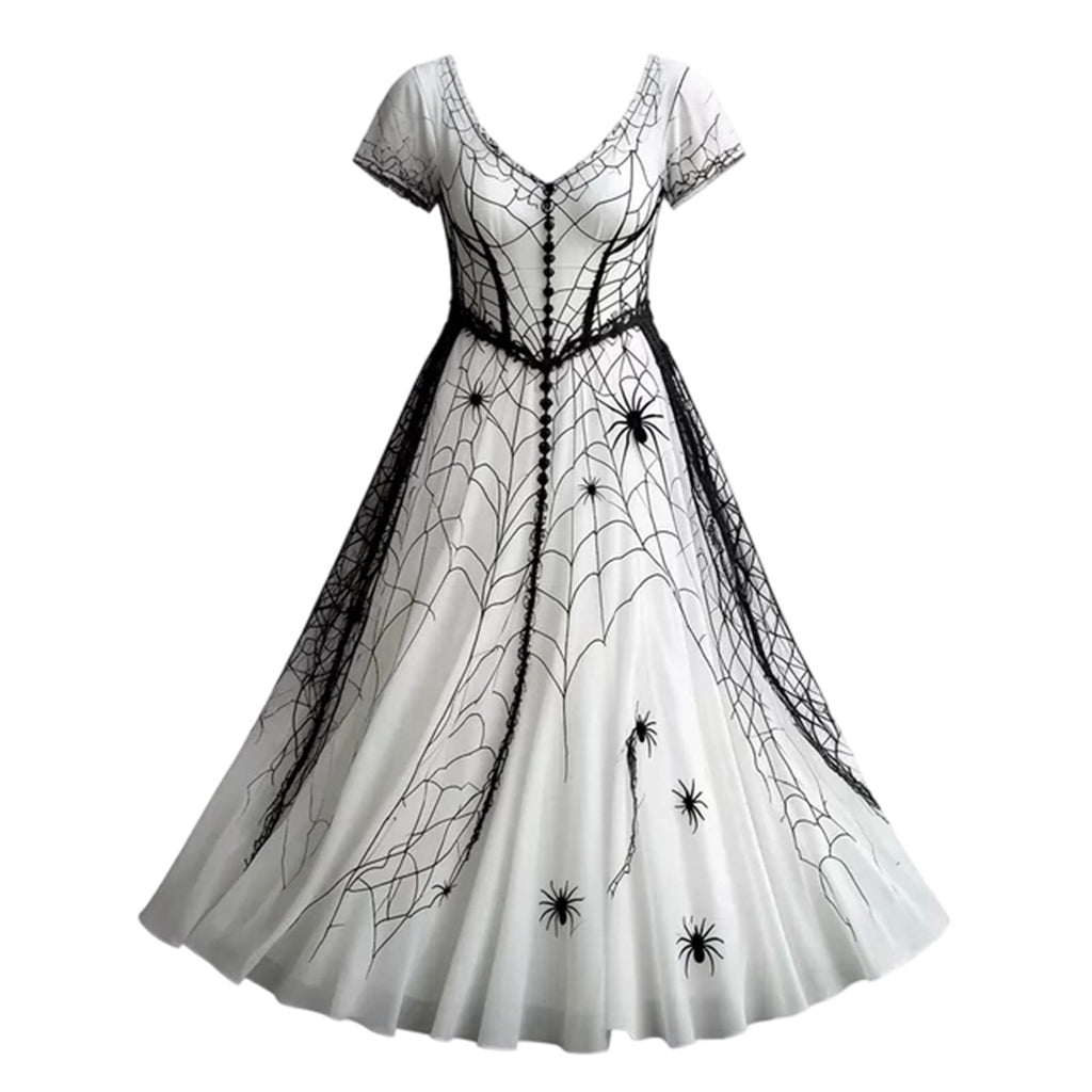 KICILVS Gothic Clothes For Women Black Spiderweb And Spider Print Flowing V Neck Long Maxi Dress Halloween Cosplay Gothic Party Dress