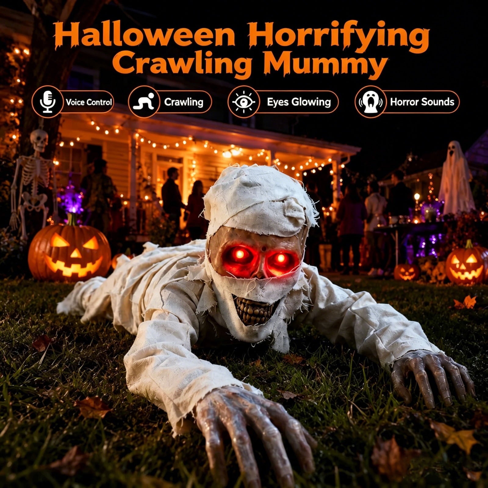 Halloween Light-Up Ghost Decorations Outdoor - 6.5 FT - 8 Sounds Gaint Hanging Swing Ghost Halloween Decoration, Spooky Cute Ghosts Decorations for Front Porch Yard Tree