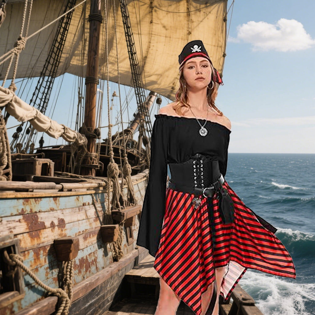 HNKMDK Adult Pirate Costumes for Women Halloween Queen Costumes Renaissance Shirts Pirate Skirts Turbans Waistbands Eye Masks(White,L)