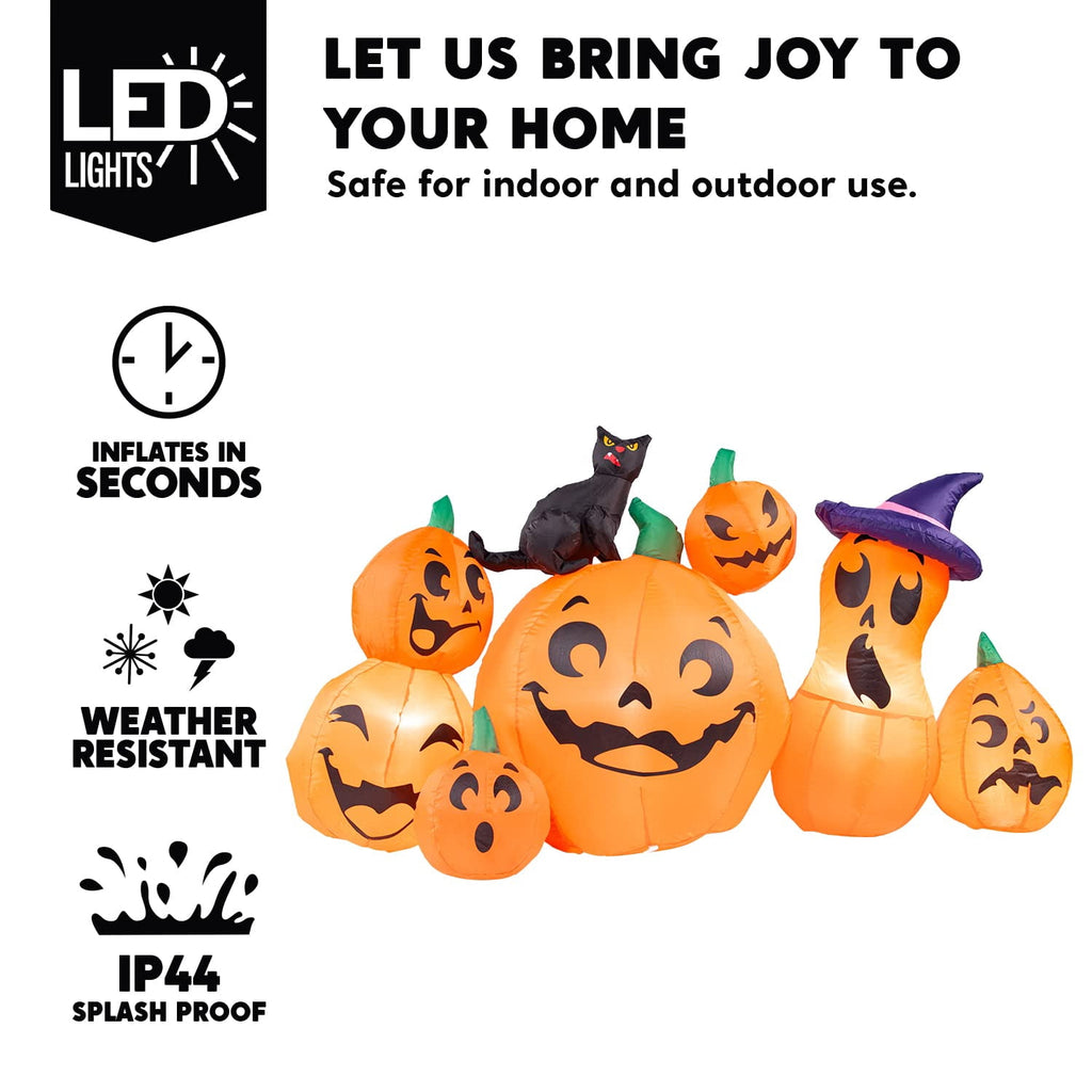Joyfy 7 ft Halloween Inflatable Long Pumpkin with Witch's Cat Decorations Inflatables with Build-in LEDs,Halloween Decor Outdoor Blow Up Yard Decorations