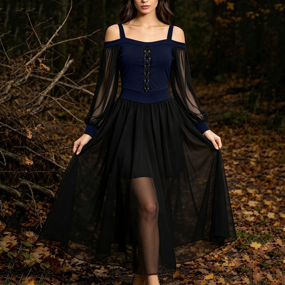JOANKDMI Women's Gothic Midi Dress Elegant Vampire Costume Cold Shoulder Sheer Long Sleeve Lace-up Corset for Roleplay Halloween Party Outfit Chic, S-3XL