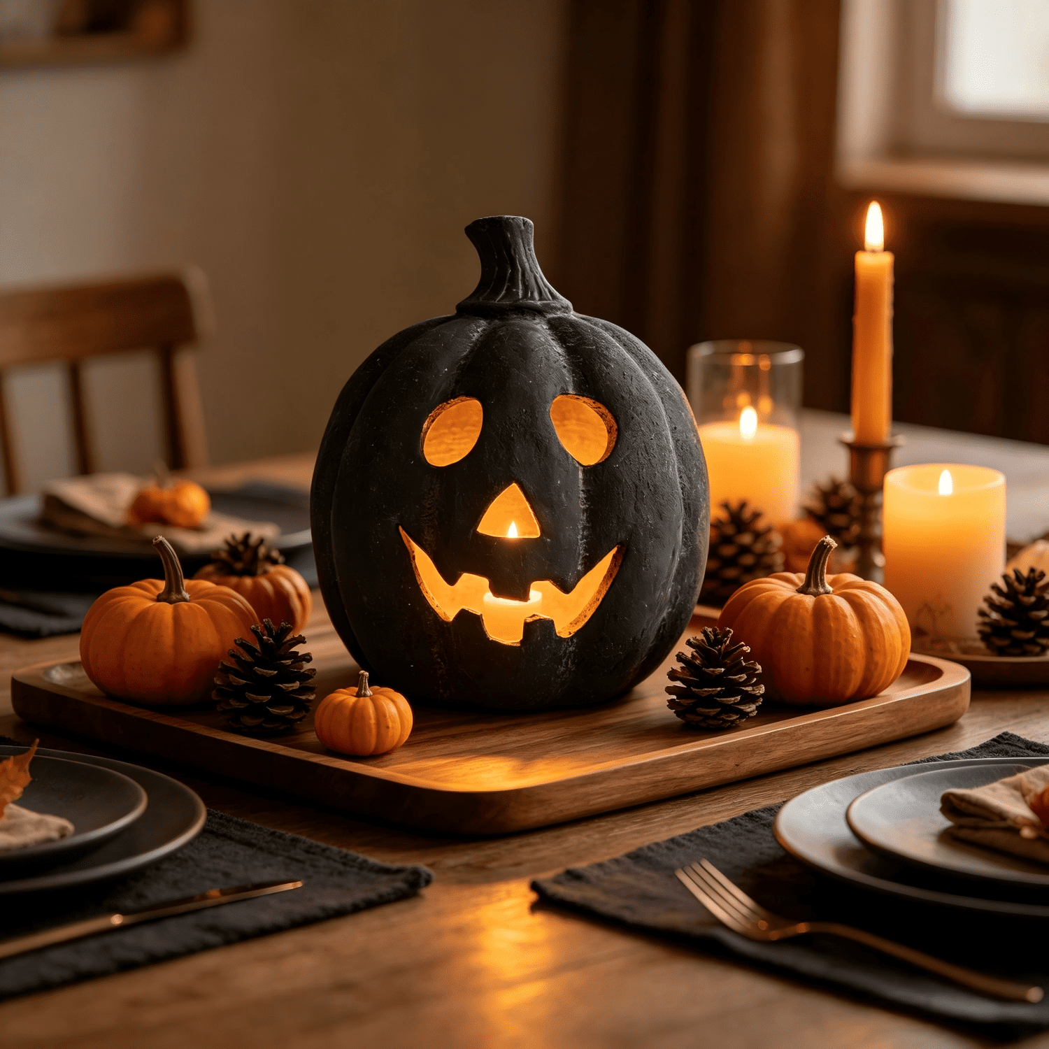 Halloween Decorations - 9.8" Black Handmade Resin Jack O Lantern Pumpkin Fall Decor, Indoor Outside Gothic Festival House Centerpiece Decoration for Table Garden Living Room Mantel