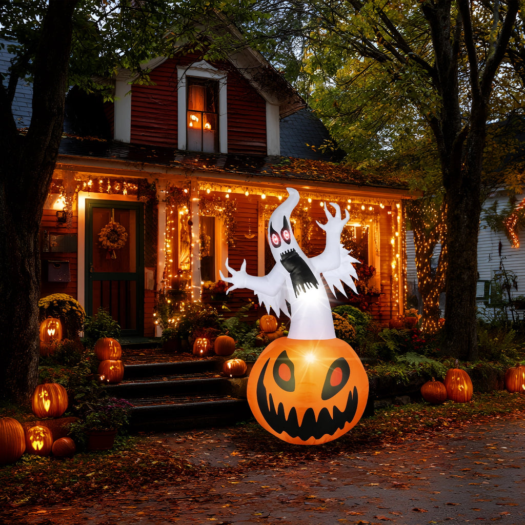 MAGOTAN 9 FT Halloween Inflatables Archway Outdoor Decorations Pumpkin Ghost Archway Halloween Inflatable Blow Up Pumpkin Tombstone Decoration Build-in LED Lights