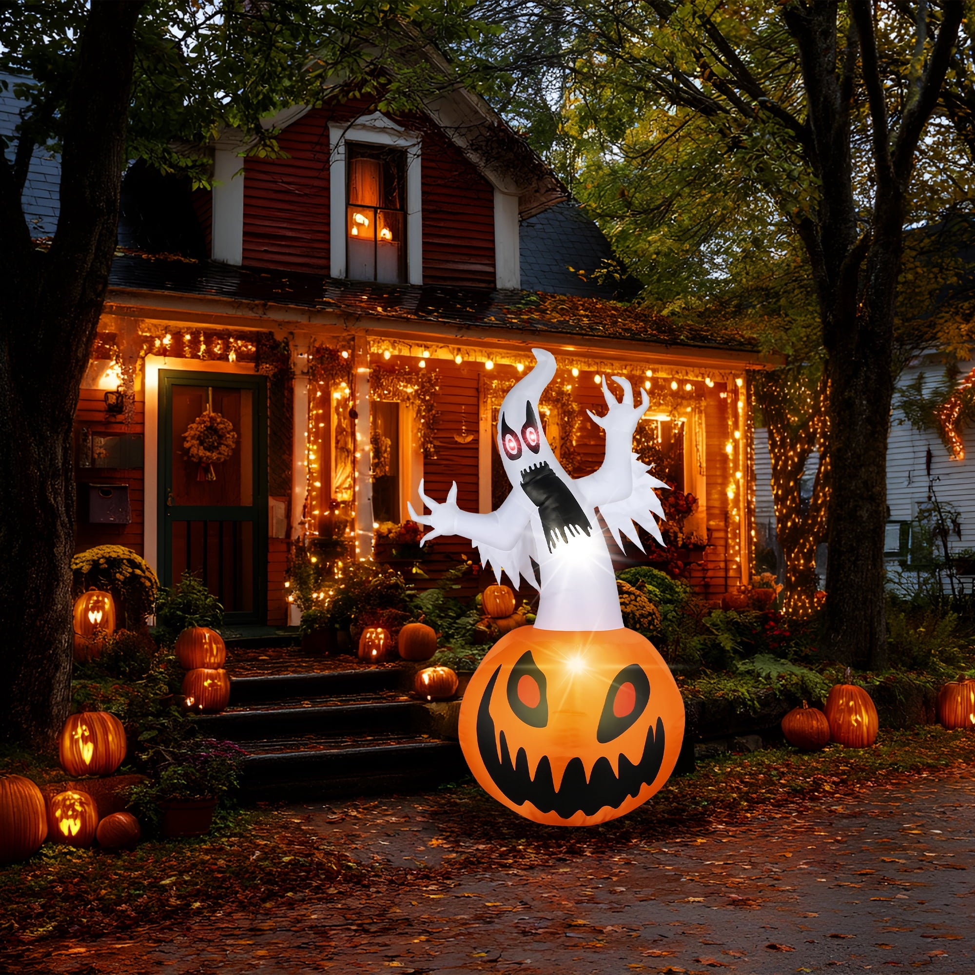 MAGOTAN 9 FT Halloween Inflatables Archway Outdoor Decorations Pumpkin Ghost Archway Halloween Inflatable Blow Up Pumpkin Tombstone Decoration Build-in LED Lights