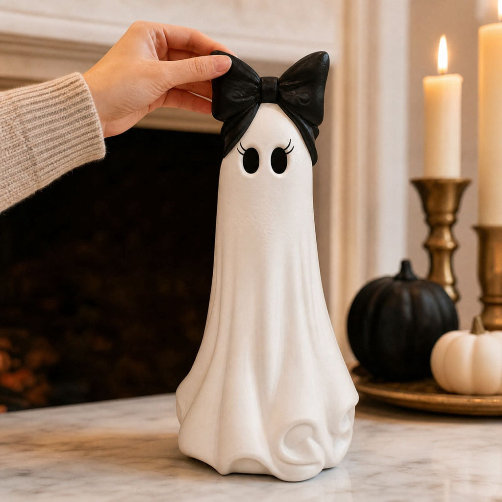 Clearance Halloween Ghost Resin Figurine with Black Cat & Pumpkin Candy Bowl 10“- Cute Spooky Tabletop Decor for Home Mantel, Shelf, and Indoor Fall Display