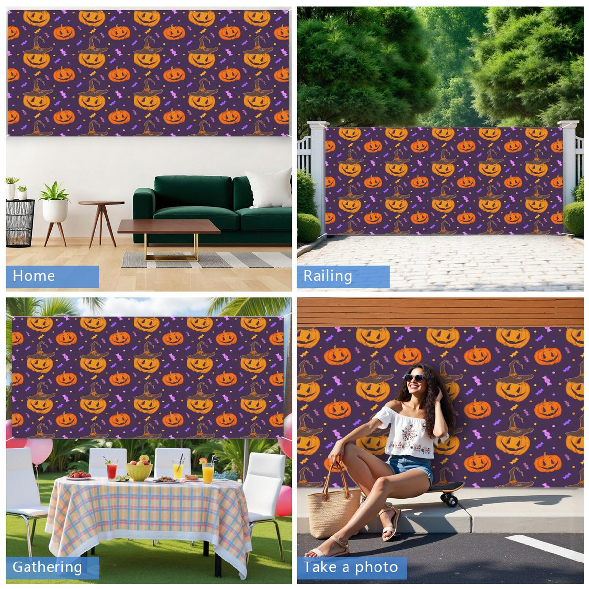 Halloween Garage Door Cover - 13x6ft Spooky Ghost Pumpkin Skull Witch Black Cat Polyester Backdrop for Outdoor Decor