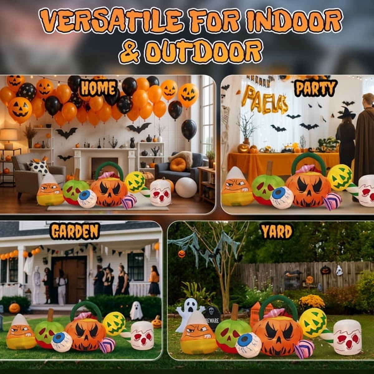 Alvantor 8 ft Long Halloween Inflatable Pumpkin Candy Display with Eyeball and 7 Warm White LED Lights
