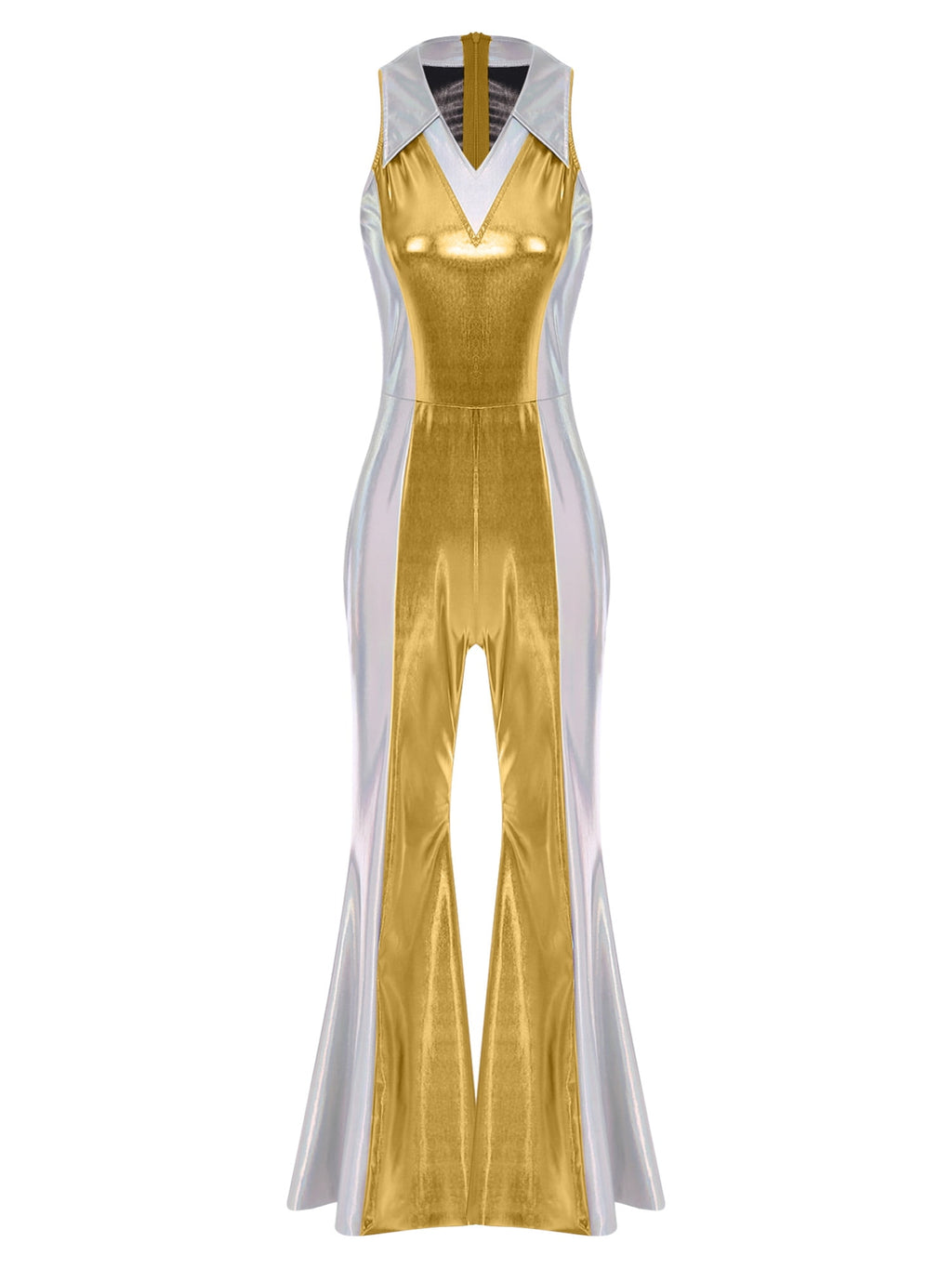 YiZYiF Womens 70s 80s Disco Costume Shiny Metallic Flared Pants Jumpsuit for Dance Party Halloween Gold S