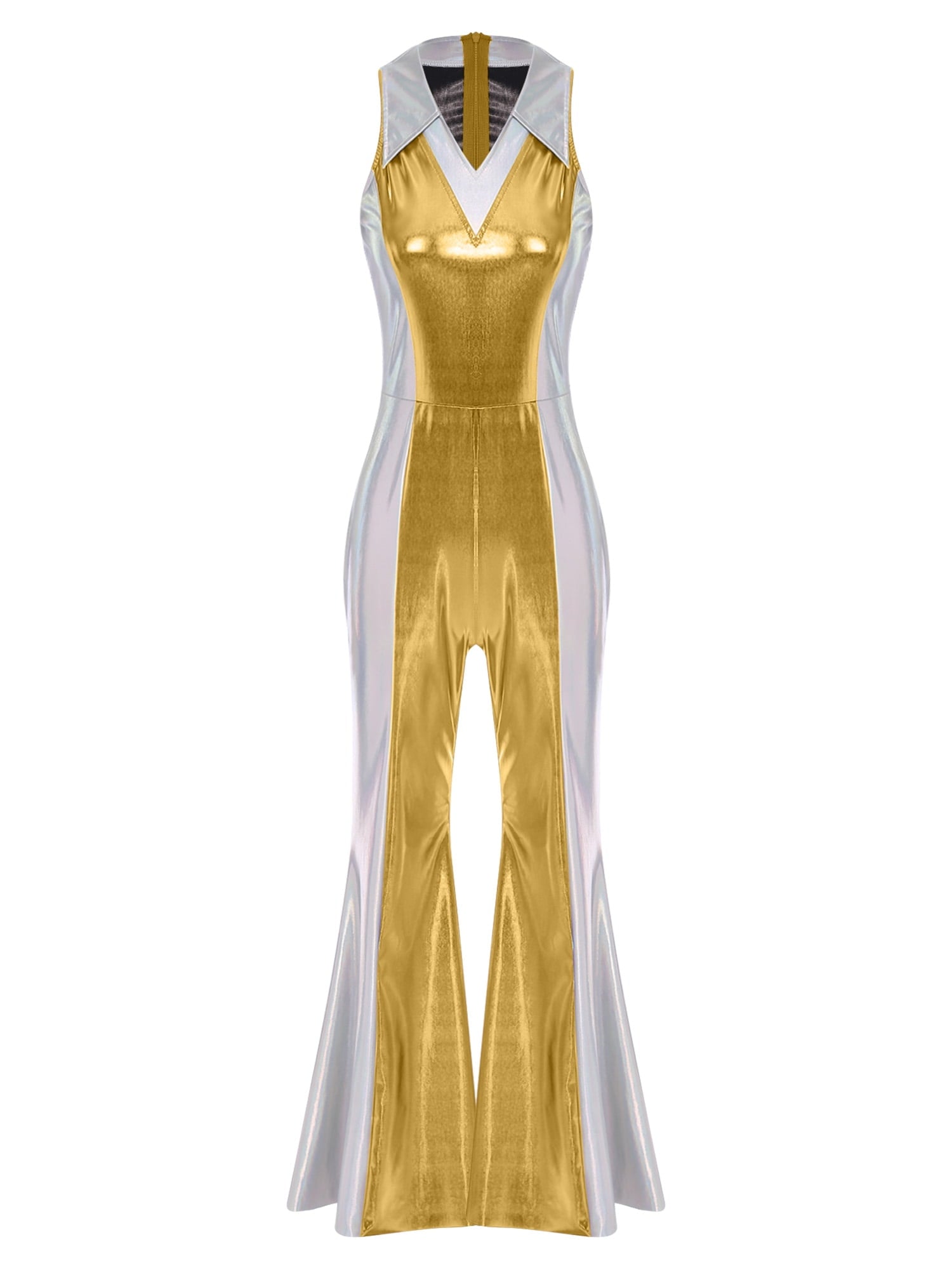 YiZYiF Womens 70s 80s Disco Costume Shiny Metallic Flared Pants Jumpsuit for Dance Party Halloween Gold S