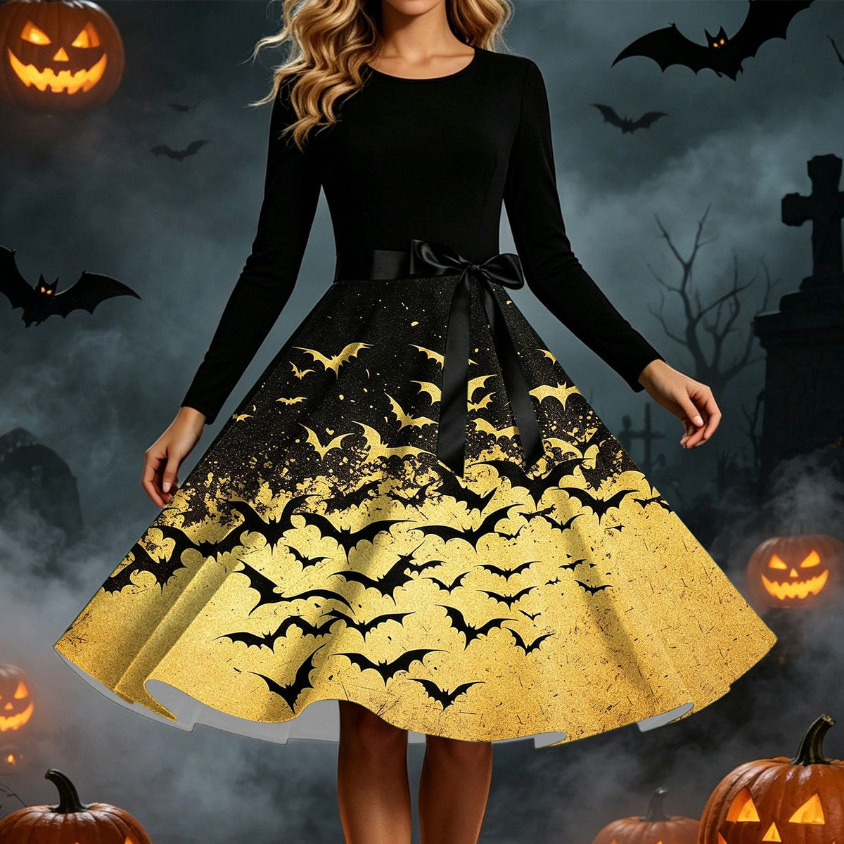 Women's Vintage Halloween Bat Print Swing Dress Long Sleeve 1950s Retro A-Line Midi Dresses with Satin Sash Belt for Gothic Cosplay Evening Prom Party