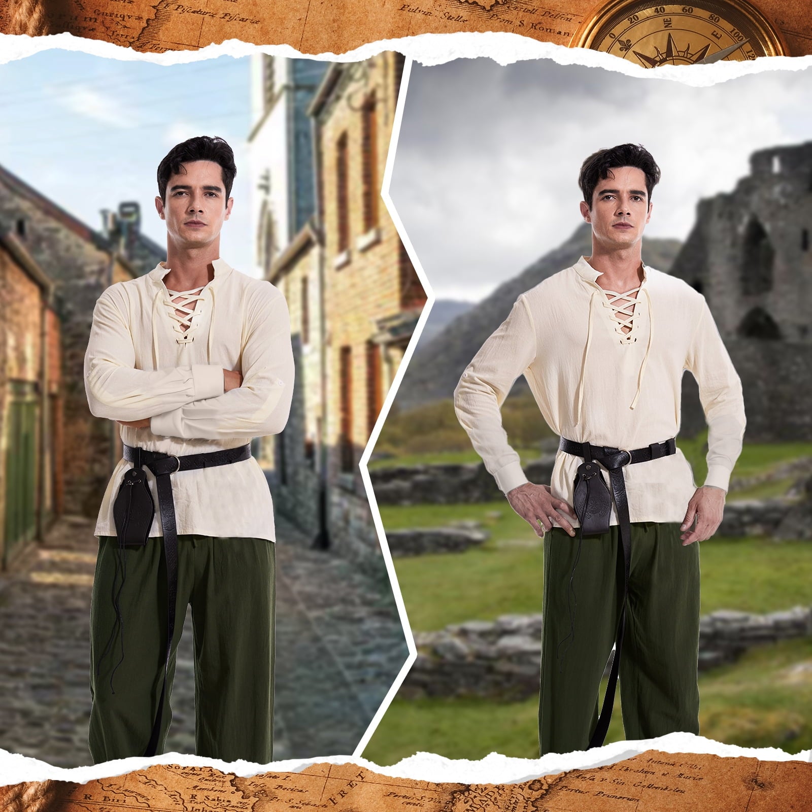WASFDN 5 Pcs Men's Renaissance Costume Medieval Pirate Shirt Ankle Banded Pants Viking Costume Accessories Set,Style 2,M