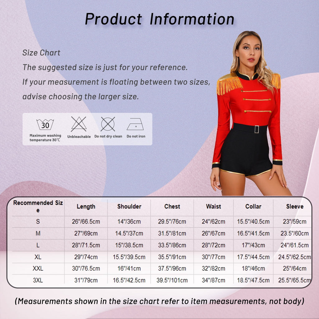 Haitryli Women's Circus Ringmaster Costume Tassel Leotard Bodysuit Halloween Cosplay Party Outfits Red L
