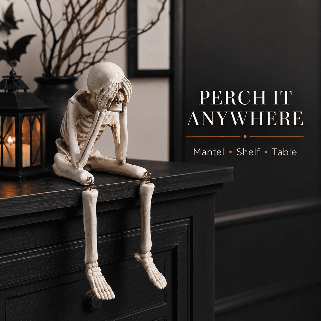 Halloween Decor Skeleton Statue Figurines Skull Decor See No Evil Hear No Evil Speak No Resin Skeleton Shelf Sitters Sitting Figurines for Home Kitchen Party Decor Table Ledge Edge Decorative (C)