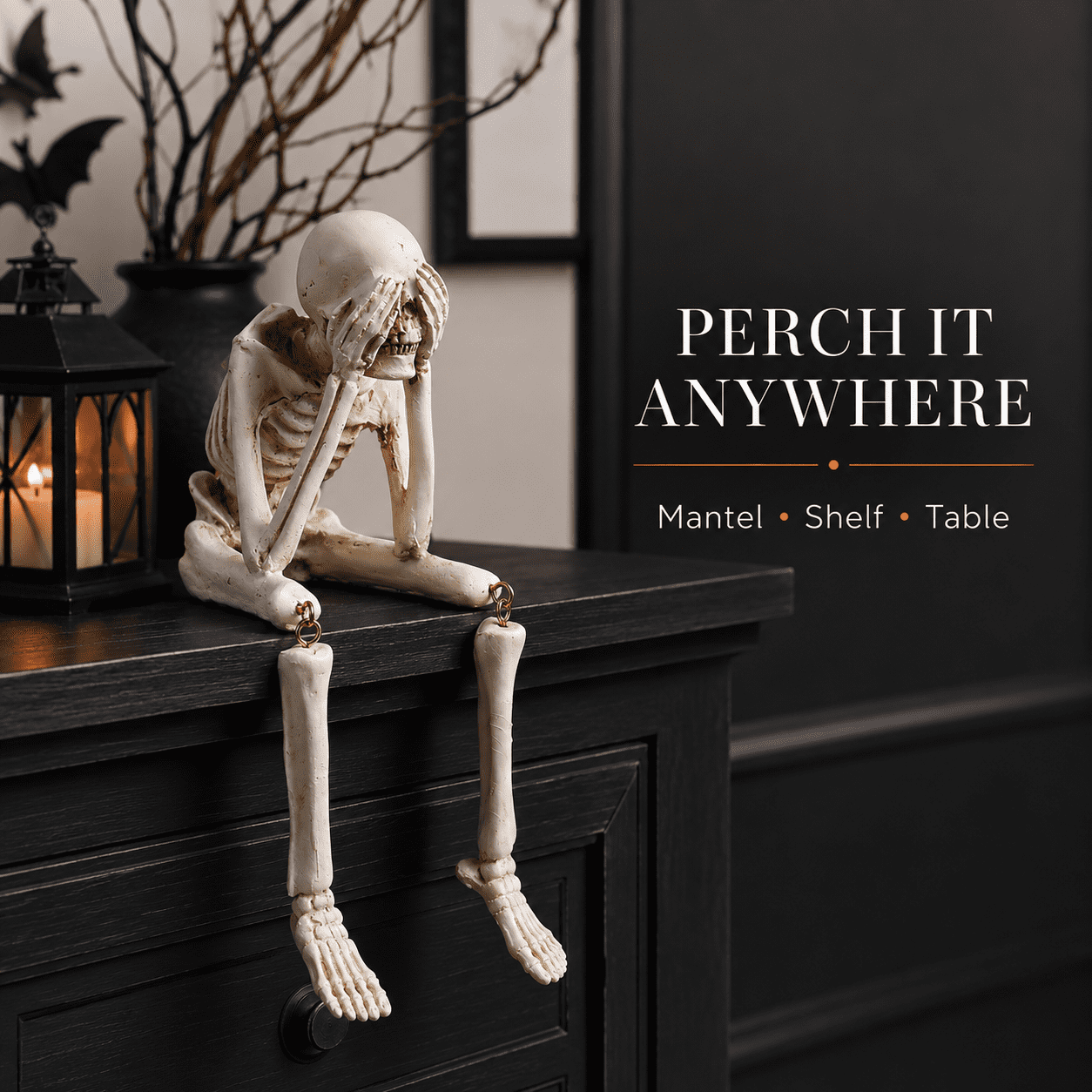 Halloween Decor Skeleton Statue Figurines Skull Decor See No Evil Hear No Evil Speak No Resin Skeleton Shelf Sitters Sitting Figurines for Home Kitchen Party Decor Table Ledge Edge Decorative (C)