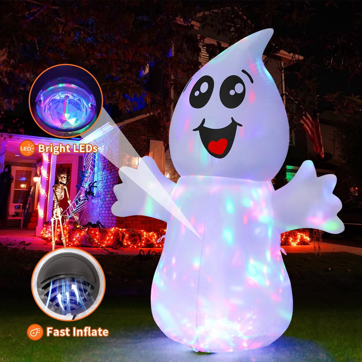 GOOSH Halloween Inflatables 5 FT Halloween Ghost Inflatable with Built-in LEDs, Cute Halloween Inflatable Ghost Blow up Ghost Inflatable, Outdoor Halloween Decorations for Halloween Holiday Party