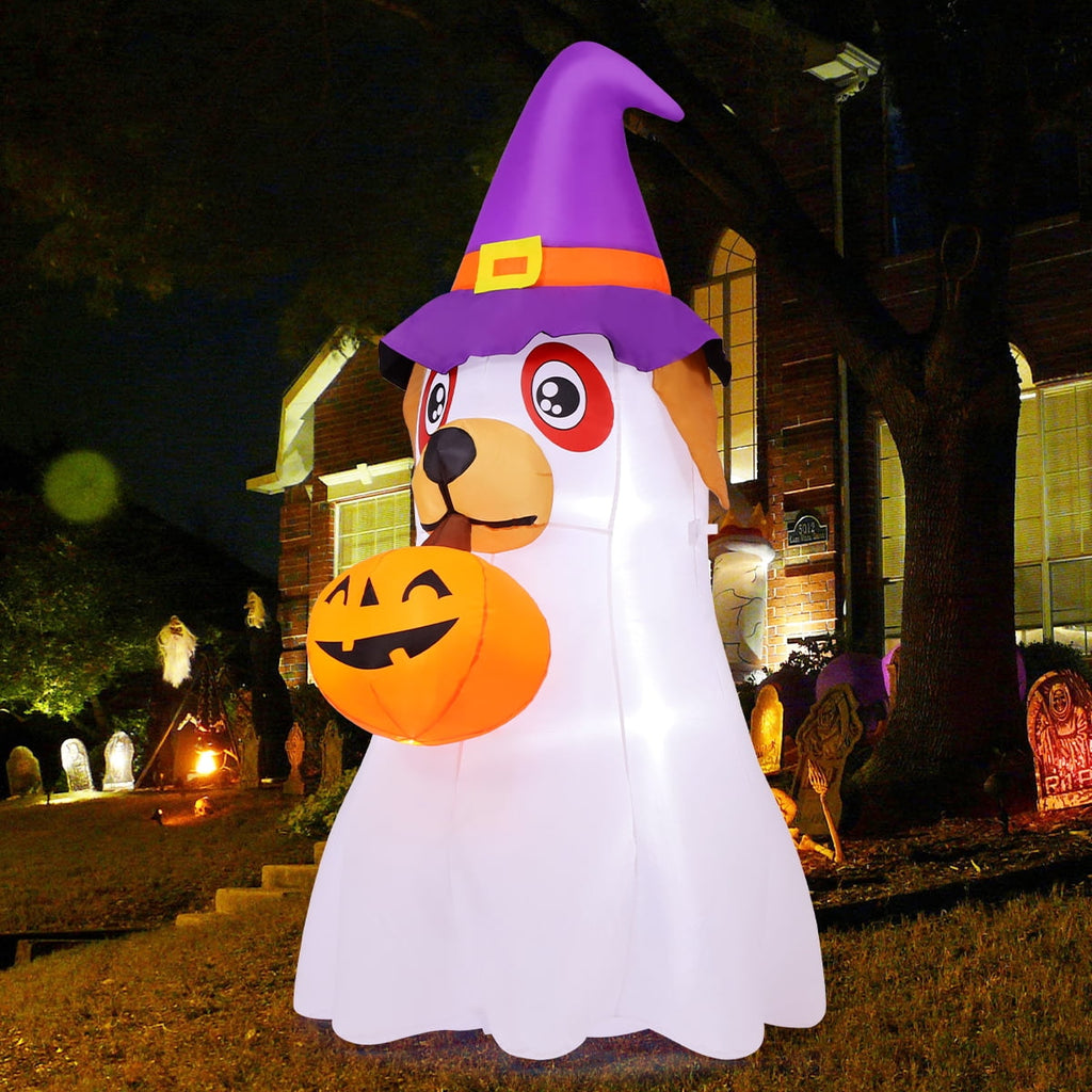 GOOSH Halloween Inflatables 6 FT Inflatable Ghost Dog with Pumpkin in Mouth & Witch Hat, Halloween Ghost Dog Inflatables with LED Lights, Outdoor Halloween Decorations for Halloween Holiday Party