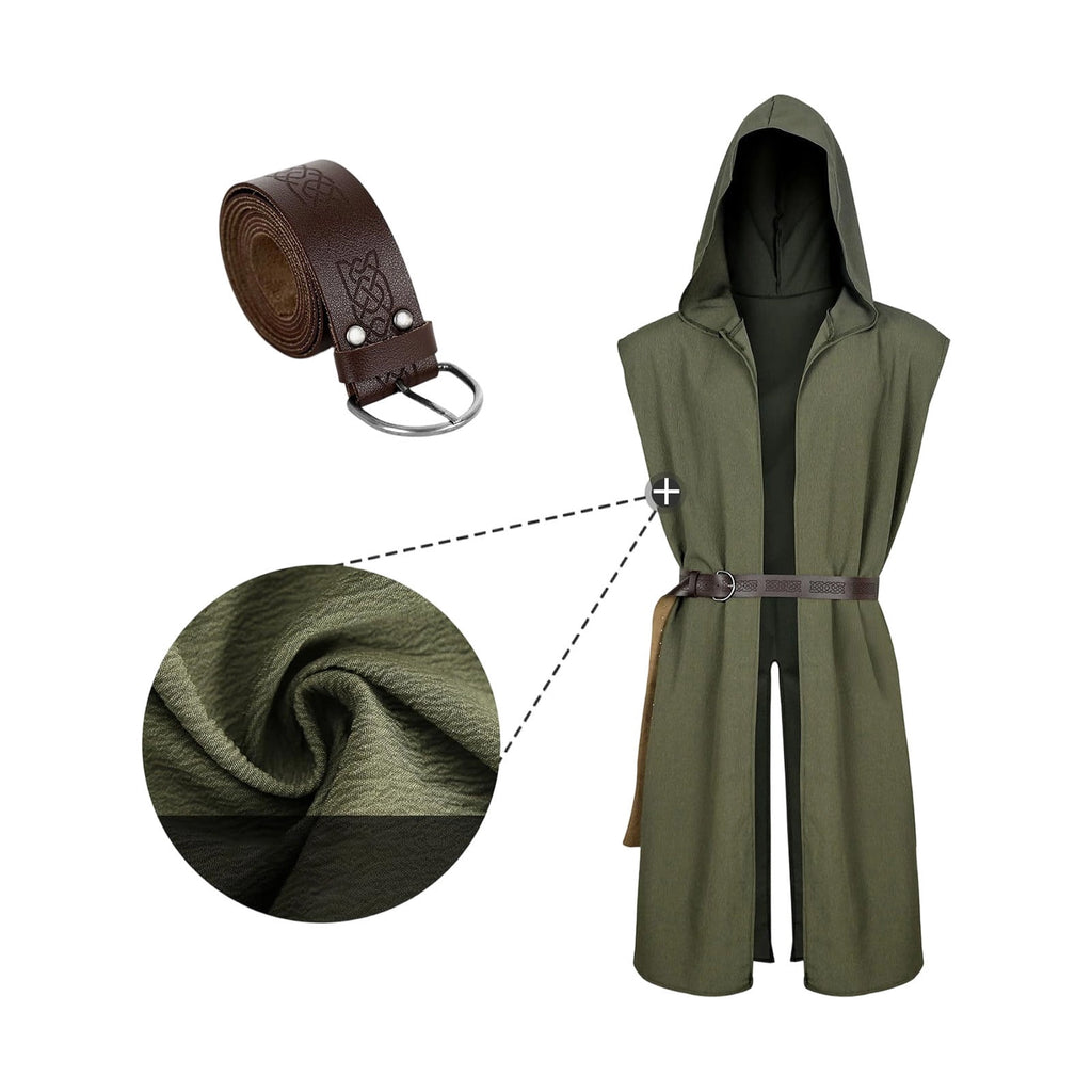 Virmaxy Halloween Costume Men's Hooded Sleeveless Tunic Costume with Belt Halloween Loose Fit Renaissance Medieval Party Cosplay Fighter Outfit Army Green
