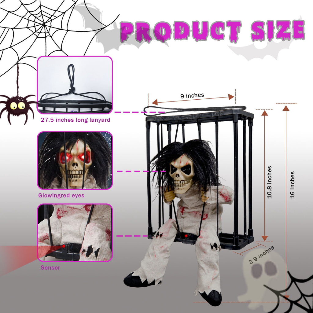 Magotan Screaming Animated Halloween Decorations, Outdoor Indoor Hanging Spooky Halloween Decoration, Scary Skull Cage with Motion Sensor