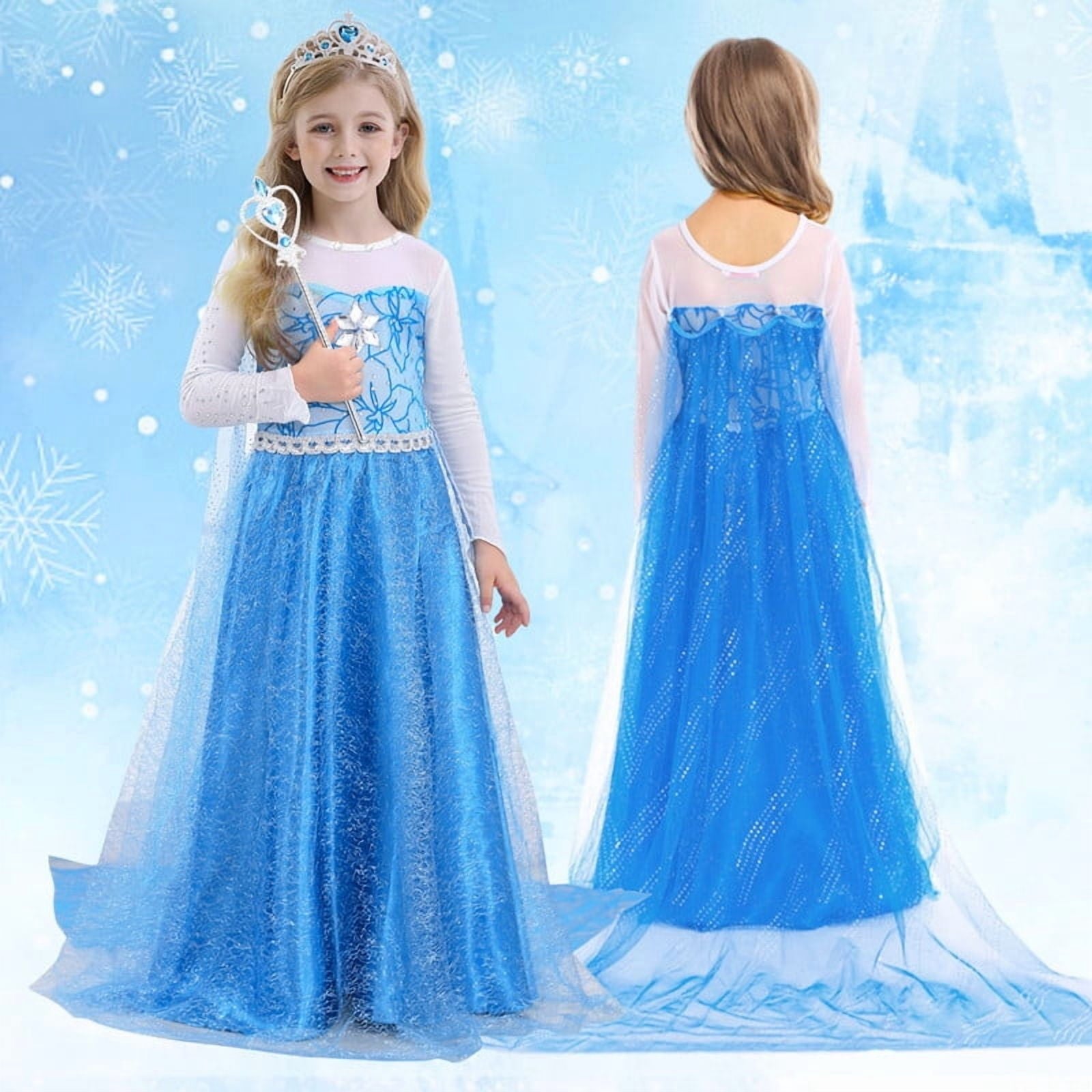 Jurebecia Princess Dress for Girls Birthday Party Blue Costume up Toddlers Kids Christmas Halloween Cosplay Clothes with Accessories 6T(5-6Years)